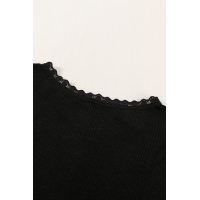 Black Buttoned Ribbed Knit Short Sleeve Top