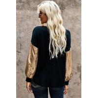 Sequin Splicing Black V Neck Bishop Sleeves Top