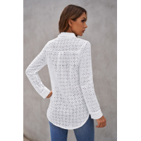 White Long Sleeve Eyelet Floral Pattern Hollow-out Shirt