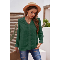 Green Elegant V-Neck Swiss Dot Lace Blouse