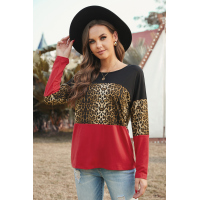 Burgundy Colorblock Leopard Patchwork Long Sleeve Top