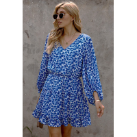 Blue V Neck Lantern Sleeves Floral Tunic Dress