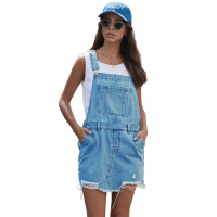 Sky Blue Shoulder Strap Pockets Denim Overall Skirt Mini Dress