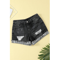 Distressed Ripped Rolled Hem Black Denim Shorts