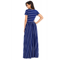 White Striped Navy Short Sleeve Maxi Dress