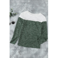 Green Colorblock Crochet Hollow Out Long Sleeve Top