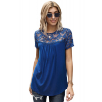 Blue Floral Lace Summer Short Sleeve Blouse