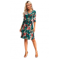 Green Floral 3/4 Sleeve Wrap Dress