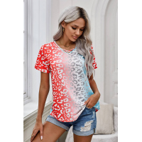 Red Ombre Crisscross V Neck Printed T-shirt