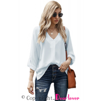 White V Neck 3/4 Sleeve High Low Hem Shirt