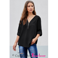 Black Casual V Neck Zip up Half Sleeve Blouse