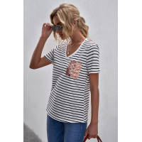 V Neck Striped T-shirt with Patch Pocket