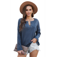 Blue V Neck Washed Grommet Top