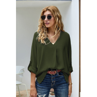 Army Green V Neck 3/4 Sleeve High Low Hem Shirt