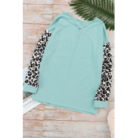 Sky Blue Crisscross V Neck Leopard Sleeve Blouse