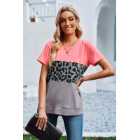 Leopard Print Color Block Short Sleeve T-Shirt