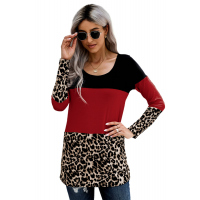 Red Colorblock Leopard Triple Patchwork Long Sleeve Top