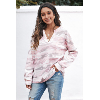 Pink Split Neck Camo Thermal Knit Top