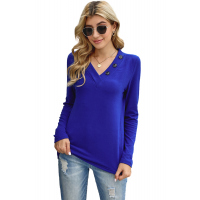 Blue V-neck Button Solid Color Long Sleeve Top