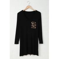 Leopard Print Splicing Black Cotton Mini Dress