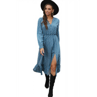 Blue Button Polka Dot High Slit Ruffled Midi Dress