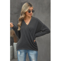 V-Neck Wrap Front Irregular Twist Hem Long Sleeve Top