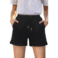 Black Elastic Waistband Pocket Drawstring Shorts with Button