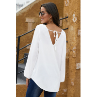 White Long Sleeve Twist Front Slit Blouse