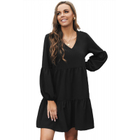 Black Ruffle V-Neck Flowy Loose Tunic Dress