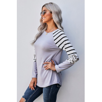 Gray Striped Animal Print Colorblock Long Sleeve Top