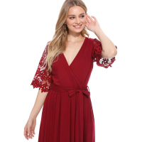 Red Floral Lace Half Sleeve Wrap V Neck Maxi Dress