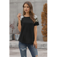 Black Striped Leopard Print Short Sleeve Women T-shirt