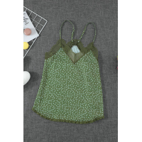 Green Spaghetti Strap Printed Lace Tank Top