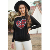 Black Valentine Love Heart Plaid Printed Splicing Bat Sleeve Top