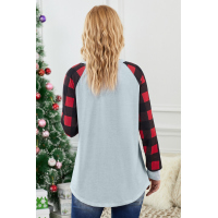 Red Plaid Splice Christmas Tree Print Long Sleeve Top