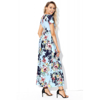 Pocket Design Short Sleeve Light Blue Floral Maxi Dress