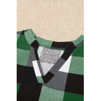 Green Contrast Plaid V Neck Long Sleeve Top