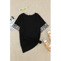 Black Leopard Splicing Waffle Knit Short Sleeve Tee