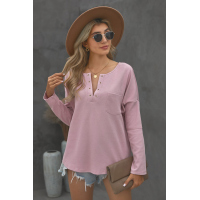 Pink V Neck Washed Grommet Top