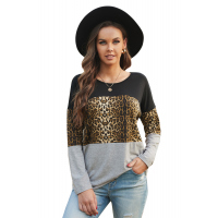 Gray Colorblock Leopard Patchwork Long Sleeve Top