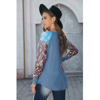 Blue Raglan Sleeve Leopard&Snakeskin Splicing Waffle Top