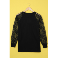 Black Lace Splicing Long Sleeve Knitted Pullover Top