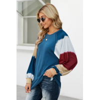 Blue Lantern Sleeve Color Block Pullover Loose T-shirts