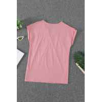 Pink Buttoned Detail Cotton Blend Short Sleeve T-shirt