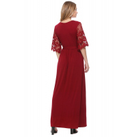 Red Floral Lace Half Sleeve Wrap V Neck Maxi Dress