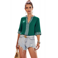 Green Chic Boho V Neckline Half Sleeve Blouse