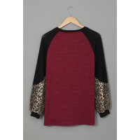 Wine Leopard Splicing High and Low Hem Lantern Sleeve Top with Slits