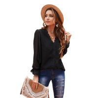 Black Elegant V-Neck Swiss Dot Lace Blouse