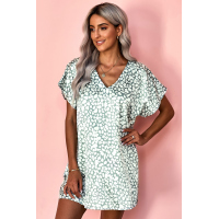 Green V-Neck Half Sleeve Leopard Casual T Shirt Dress with Pockets