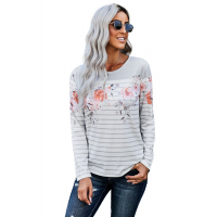 White Floral Striped Print Long Sleeve Top